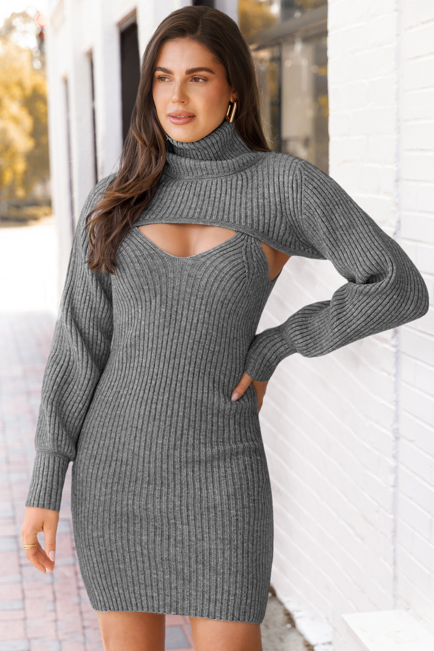 Grey Turtleneck Shrug and Mini Sweater Dress Set | Effortless Chic